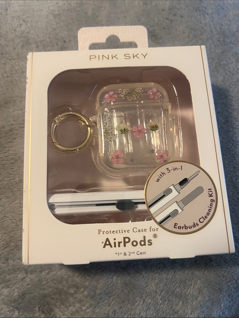 Pink Sky Clear Floral AirPods Case with Gold Keyring - Pink